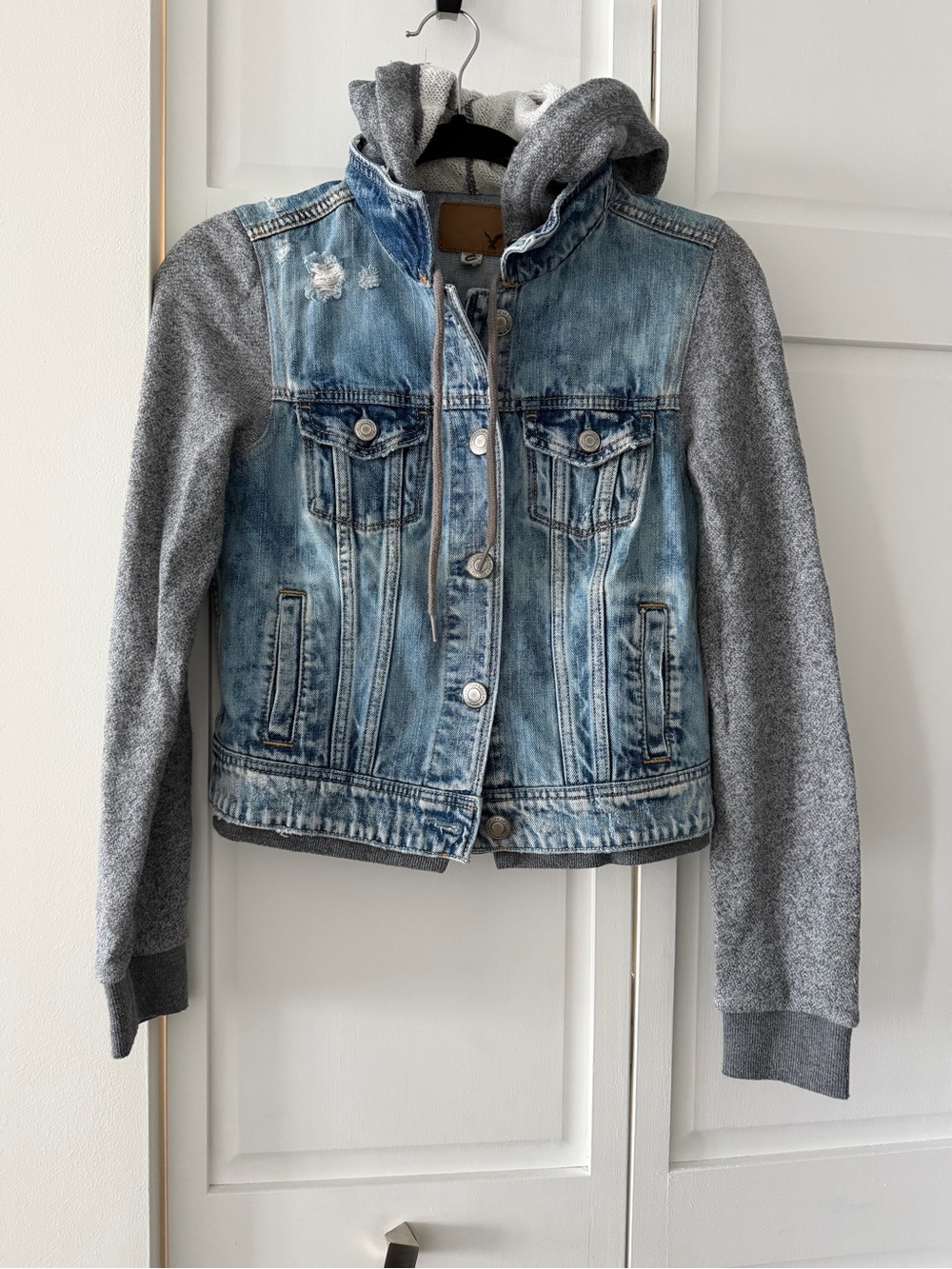 American Eagle Denim Hoodie Jacket Combo Distressed Jean Fleece Sleeve S